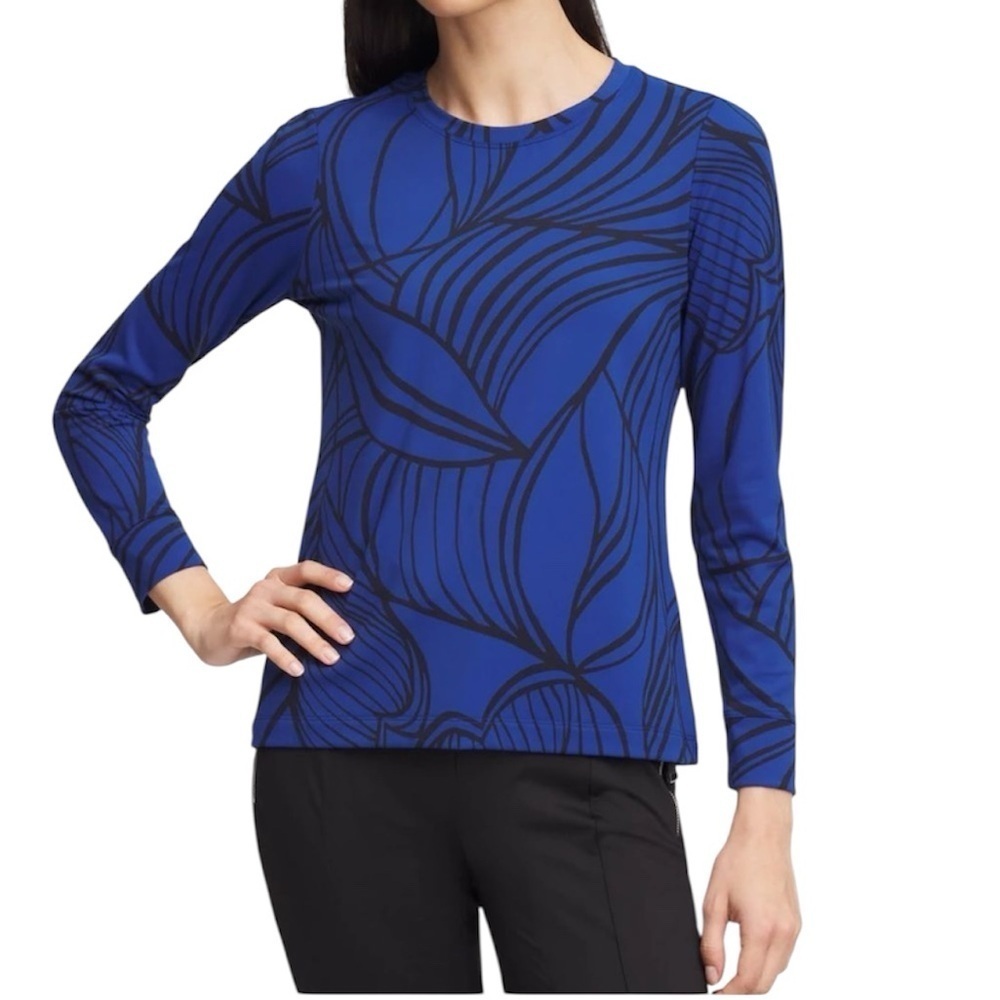 Chico's Zenergy Active Sporty UPF Leaf Crew Neck Long Sleeve Top Large Blue NWT